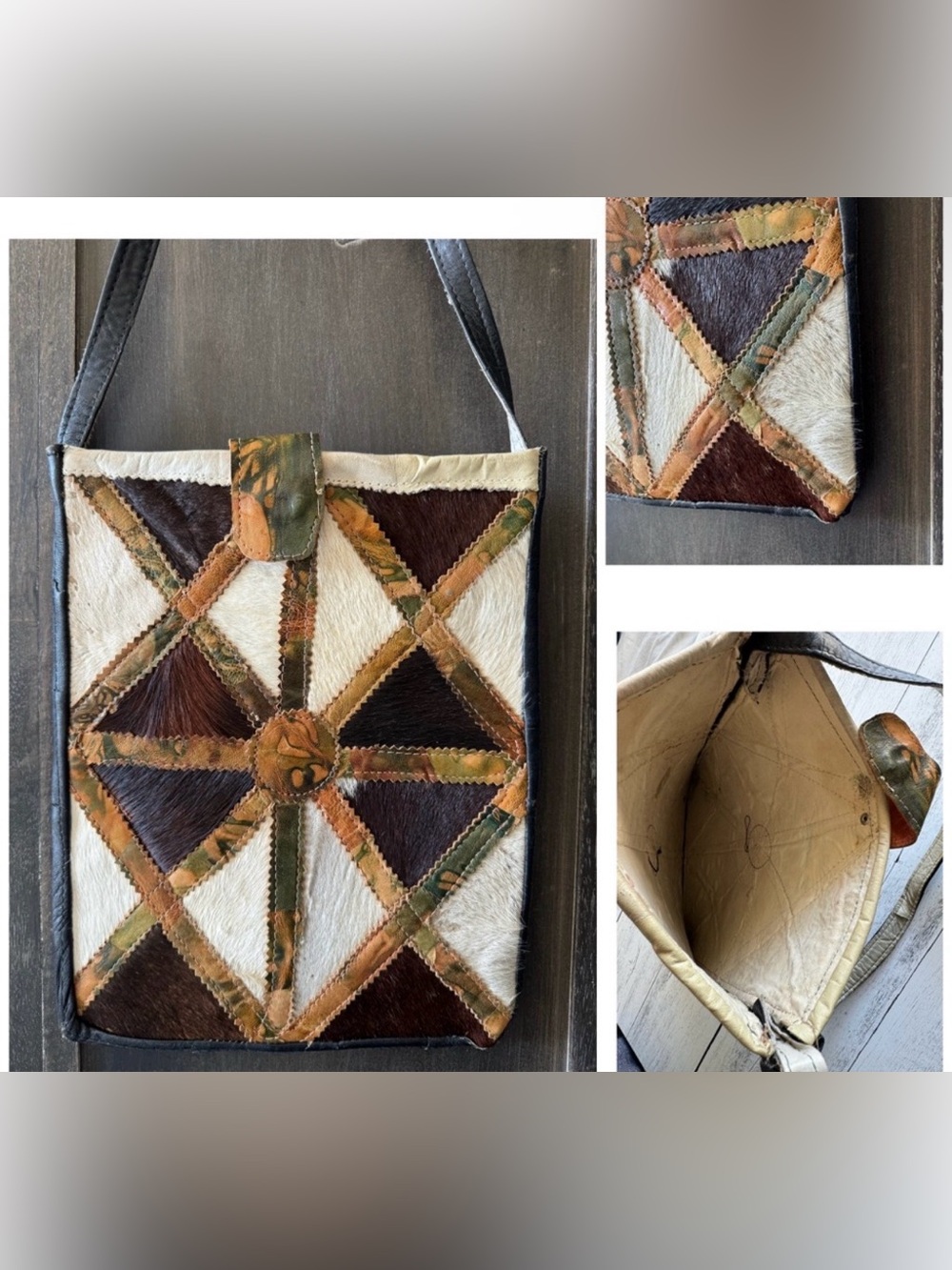 Vintage Cowgirl‎ Leather Shoulder Bag with diamond pattern hair on cowhide